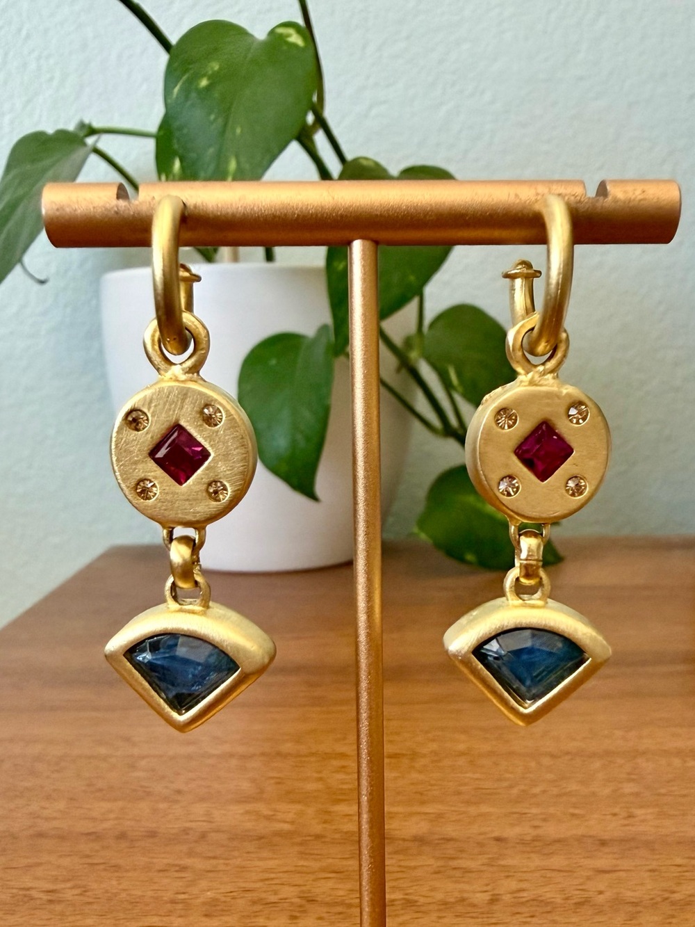 Roxanne Assoulin Matte Gold Pink Crystal & Blue Glass Rhinestone Dangle Earrings